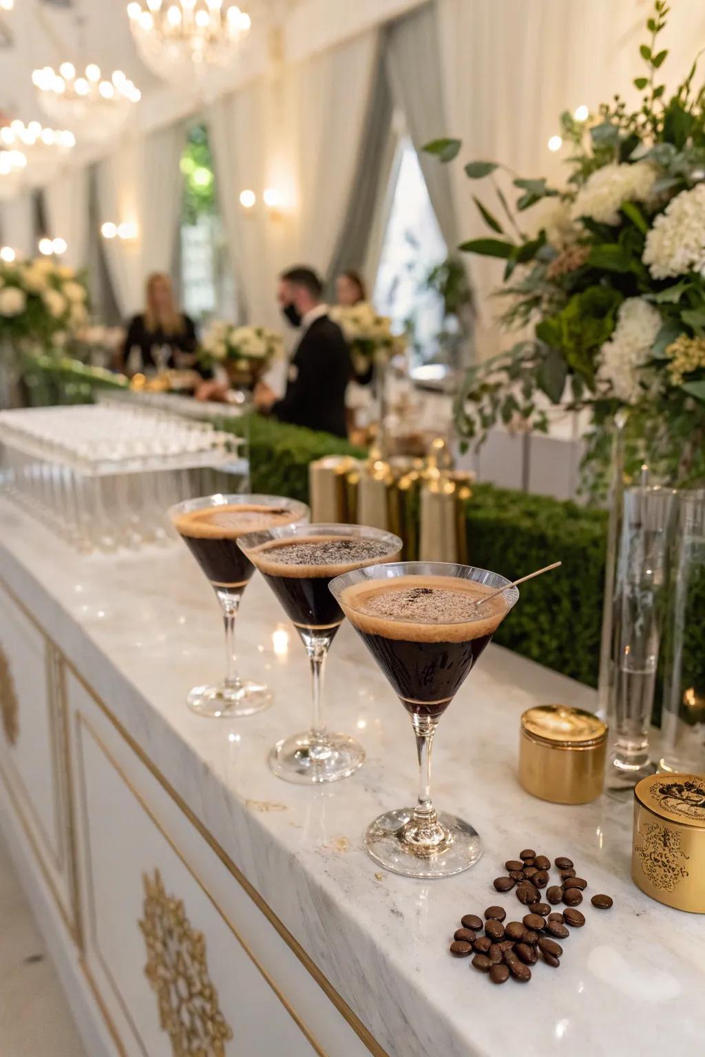 An espresso martini spot at a wedding coffee bar.