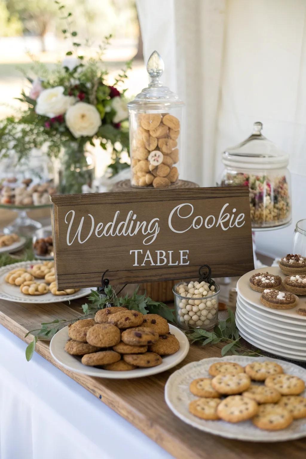 Ornamental signage adds a welcoming touch to a wedding cookie display.