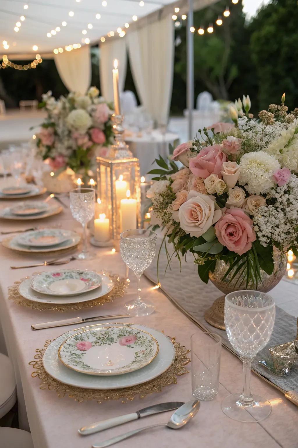 A unified table arrangement featuring floral designs and matching tableware, creating a welcoming atmosphere.