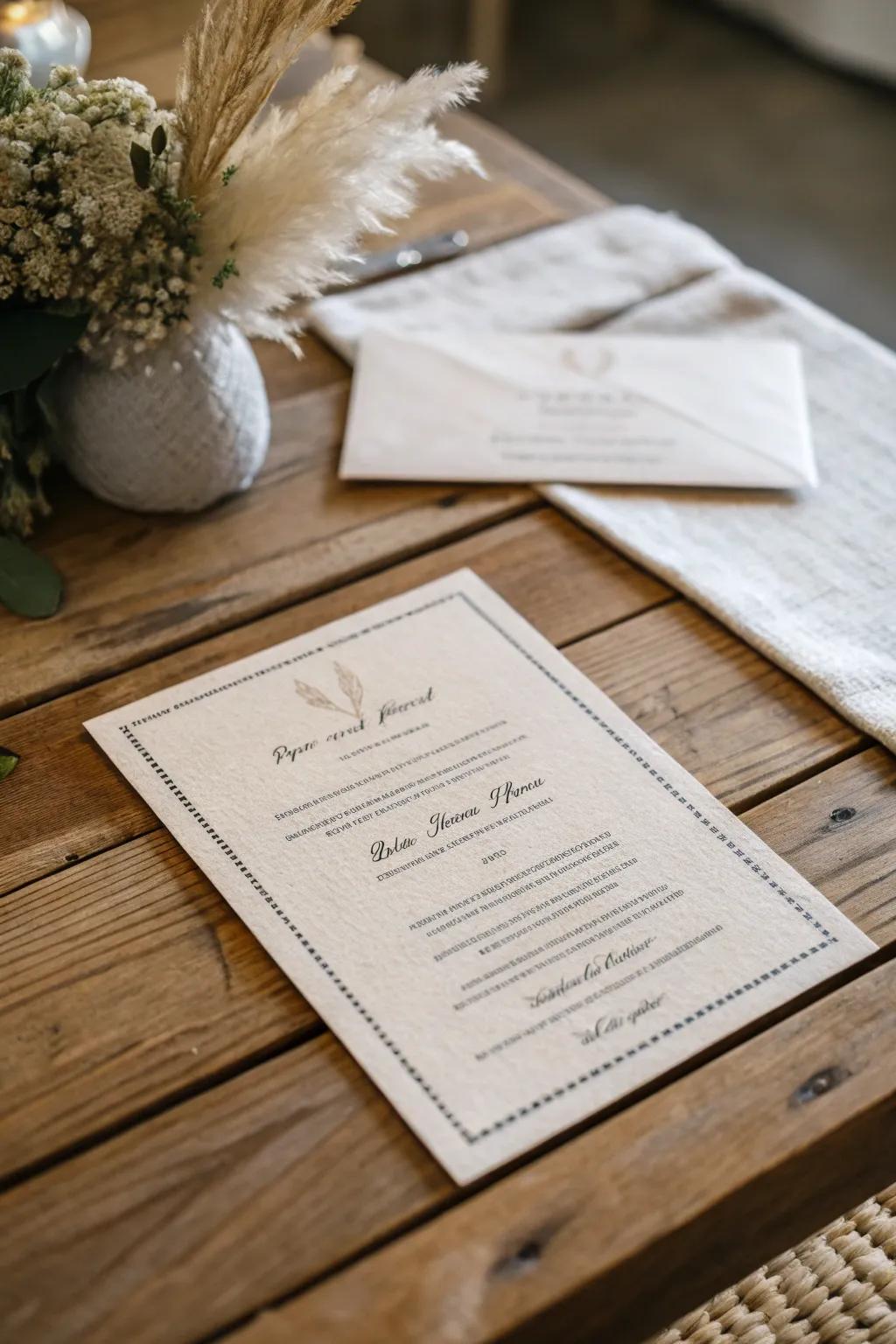 Invitation with a linen-textured backdrop on a timber table.