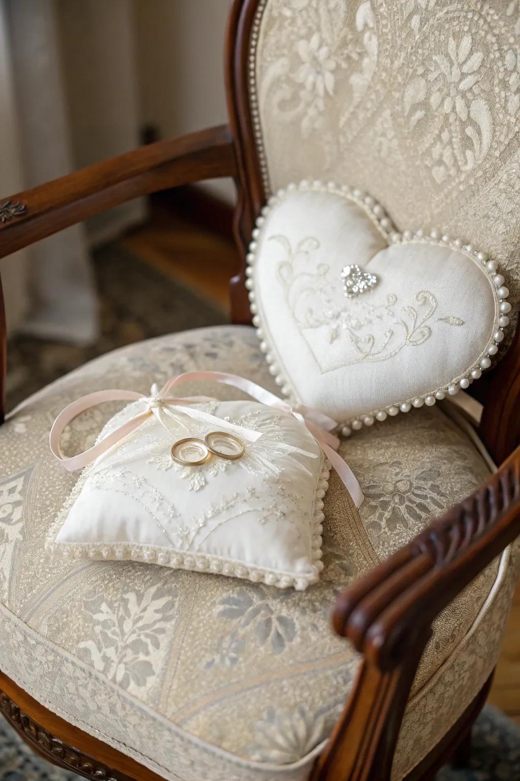 Distinct wedding ring cushions in heart and circular forms.