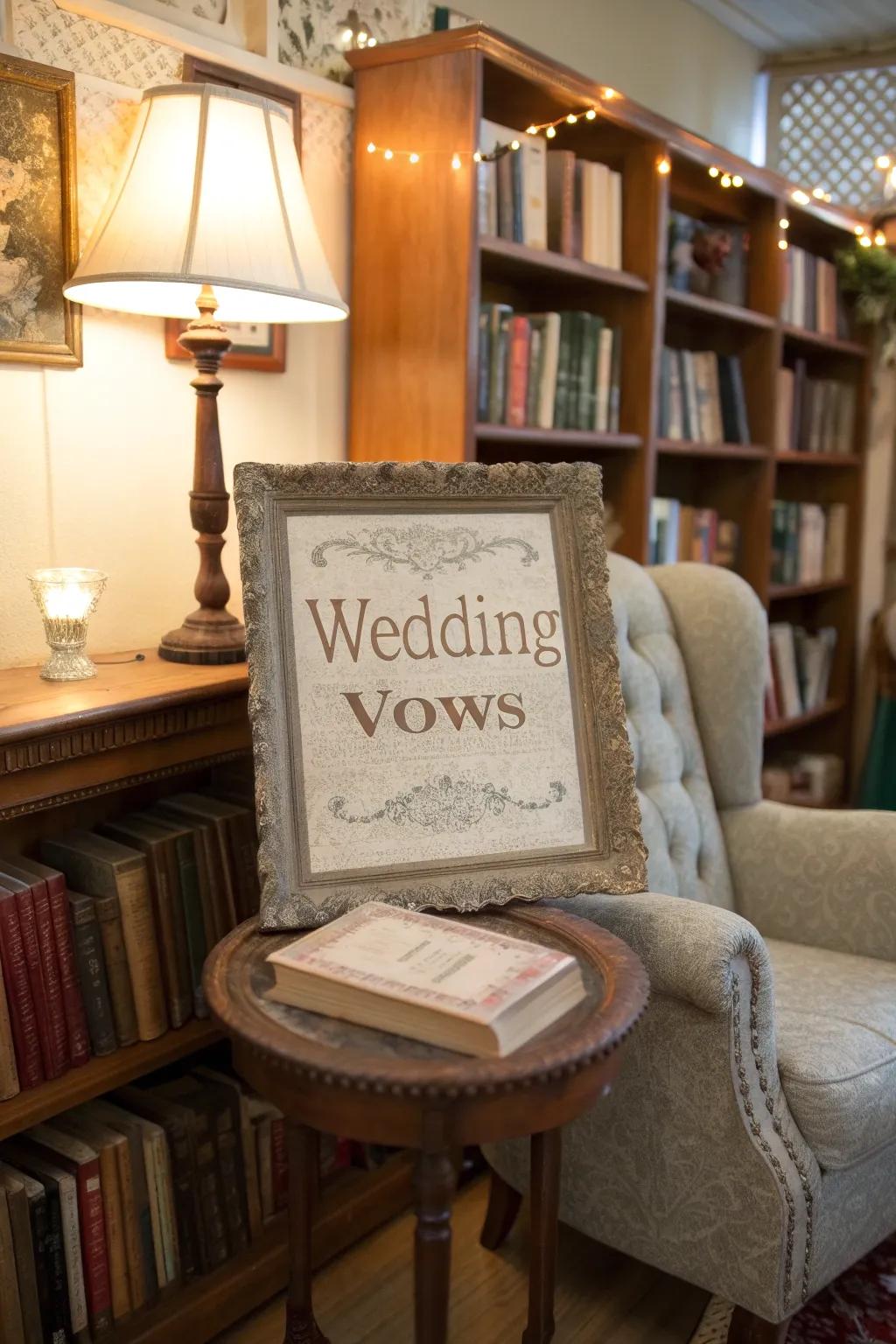 Nostalgic retro writer vows showcased in a cozy reading corner.