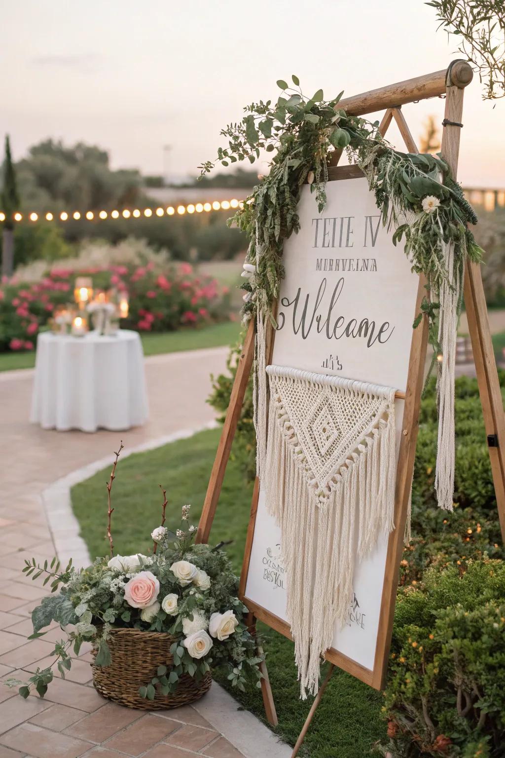 A boho chic welcome board featuring macramé and greenery, a perfect fit for an outdoor wedding.