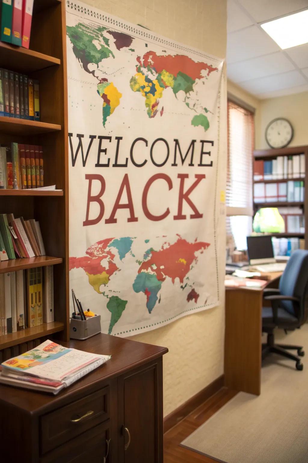A worldwide map-themed poster contributes a global touch to a study room.