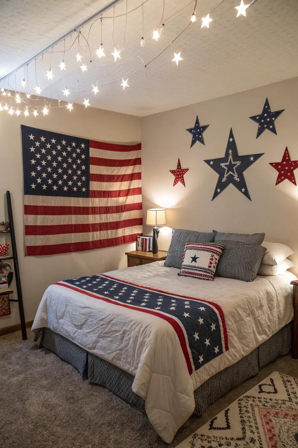 Flags and icons nod to Americana within the western theme.