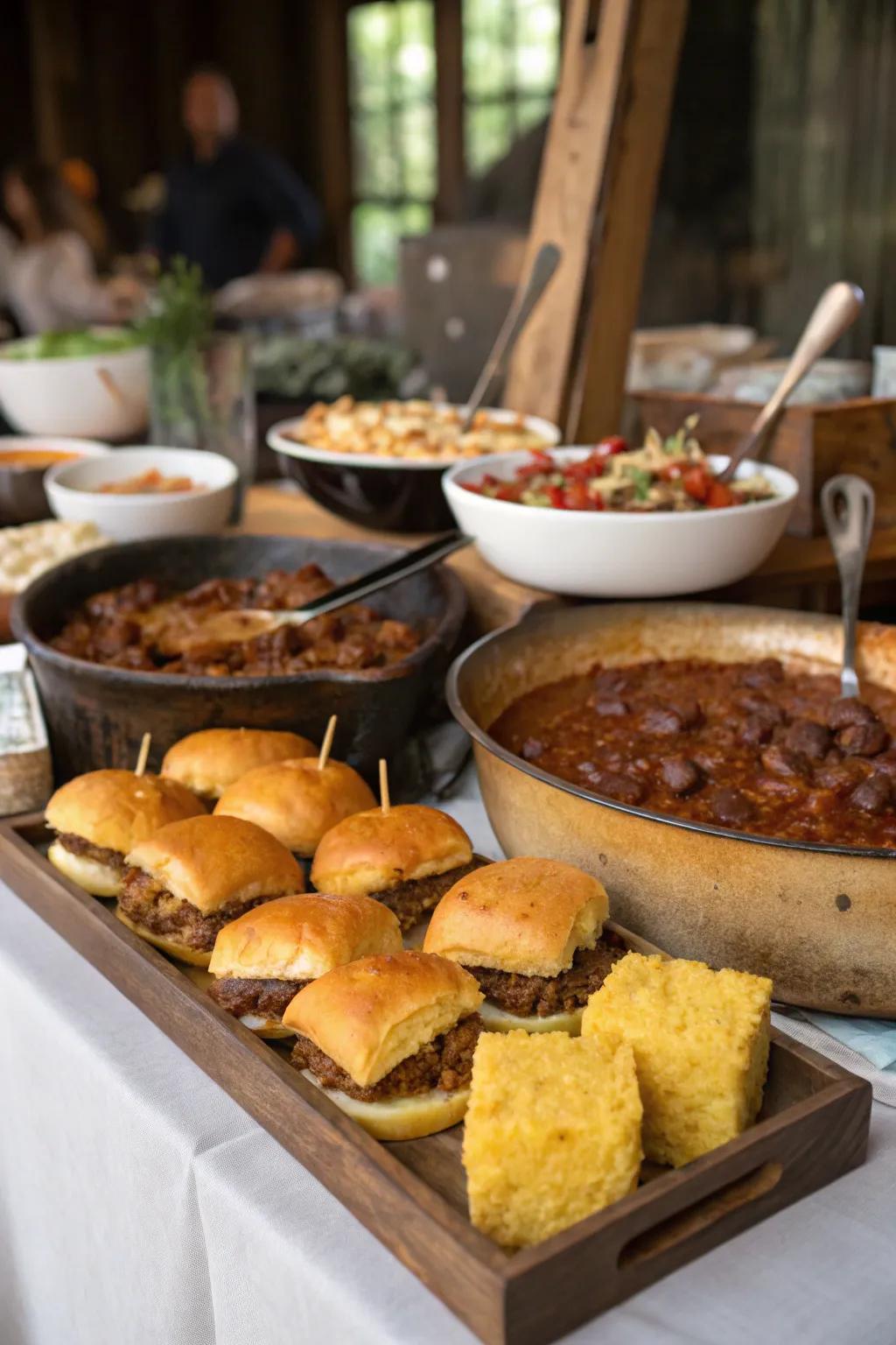 A filling spread of BBQ mini-sandwiches and stew is guaranteed to please.