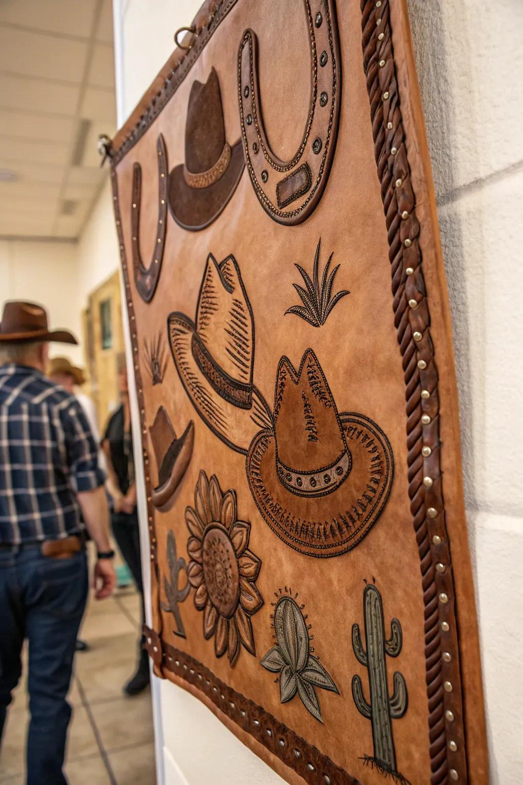 Hand-fashioned buckskin wall art with Western themes.