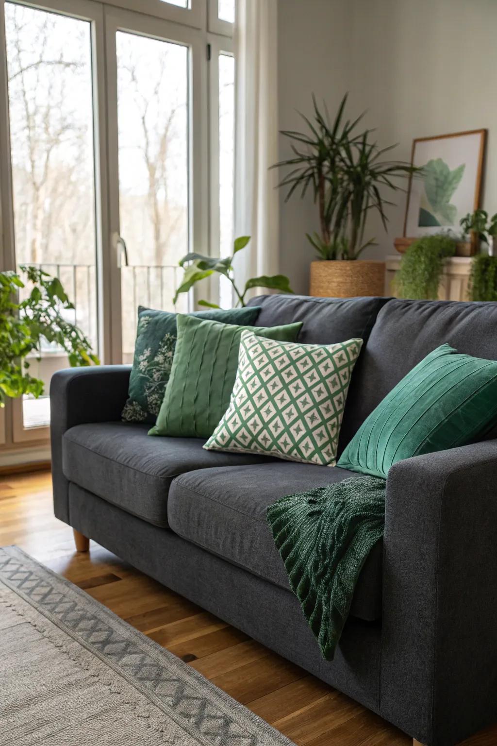 Green pillows introduce a fresh and natural feel on a dark grey couch.