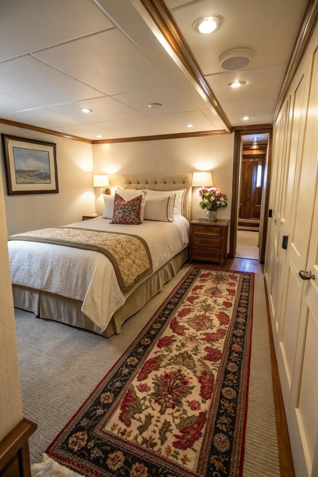 Corridor rugs provide a fashionable and functional solution in narrow bedroom arrangements.