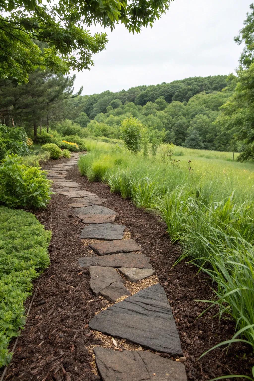 Mulch delivers a natural and grounded vibe between flagstones.