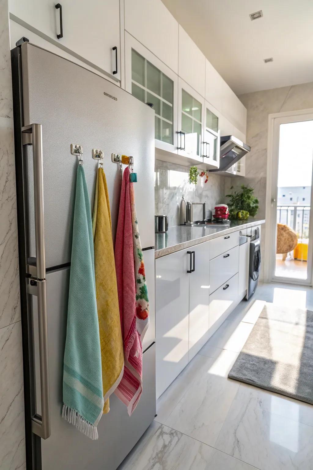 Hang towels on the refrigerator door for an unexpected and easy keeping spot.