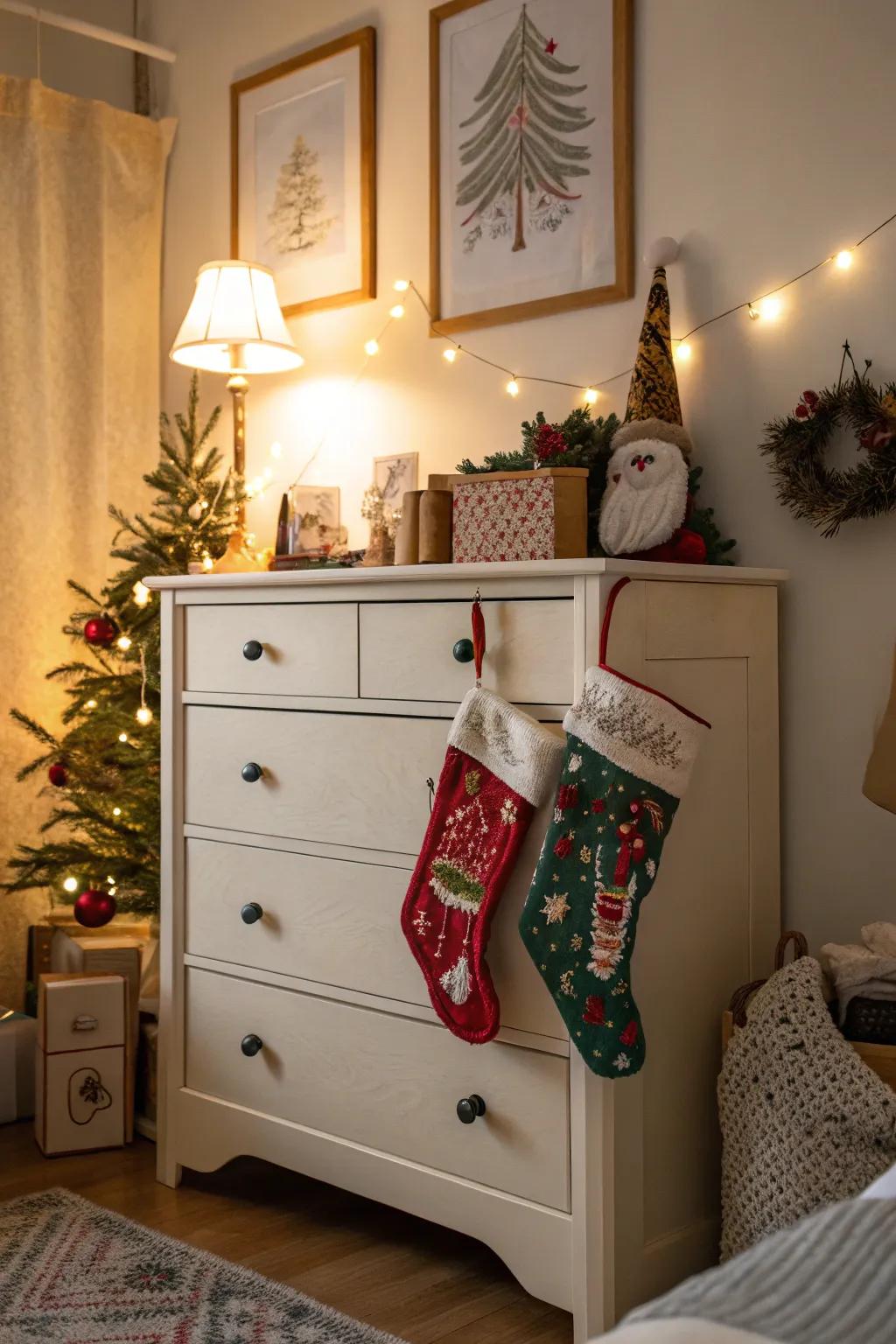 Dressers can be surprisingly good for hanging stockings.