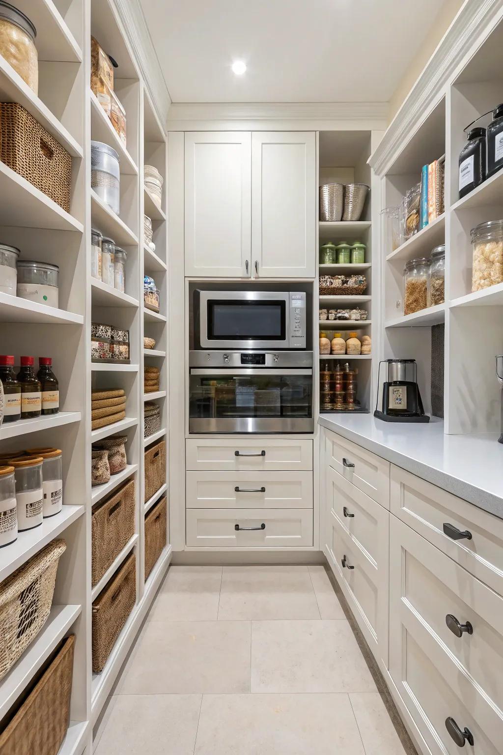 A walk-in pantry with a microwave keeps your cooking area open and arranged.
