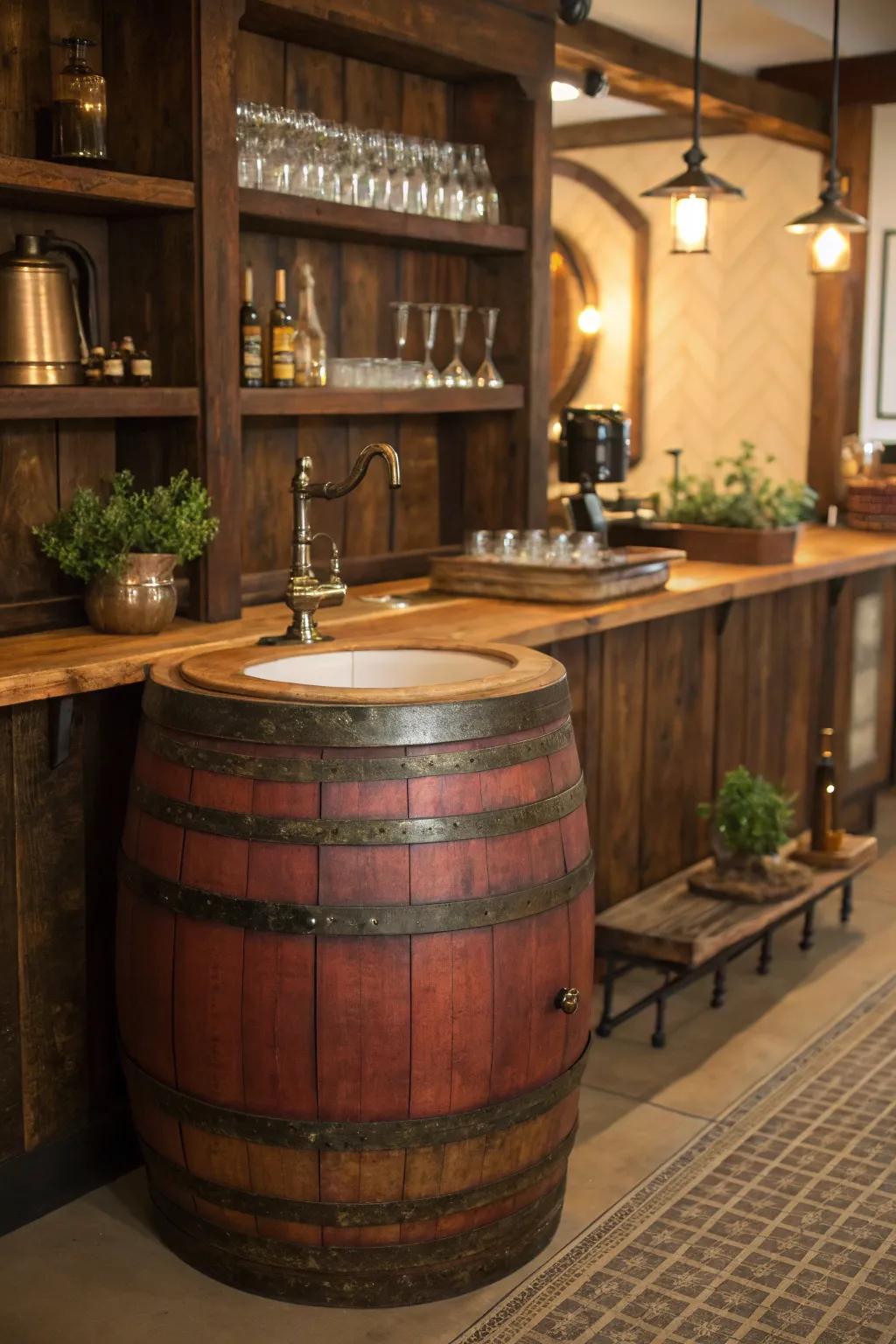 Add something special with a distiller's barrel sink that mixes style and usefulness.