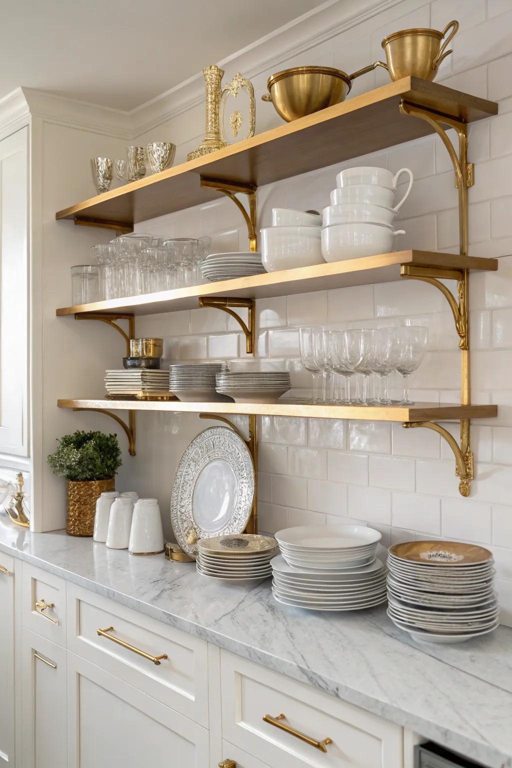 Accessible shelving with gold supports offers both style and purpose.