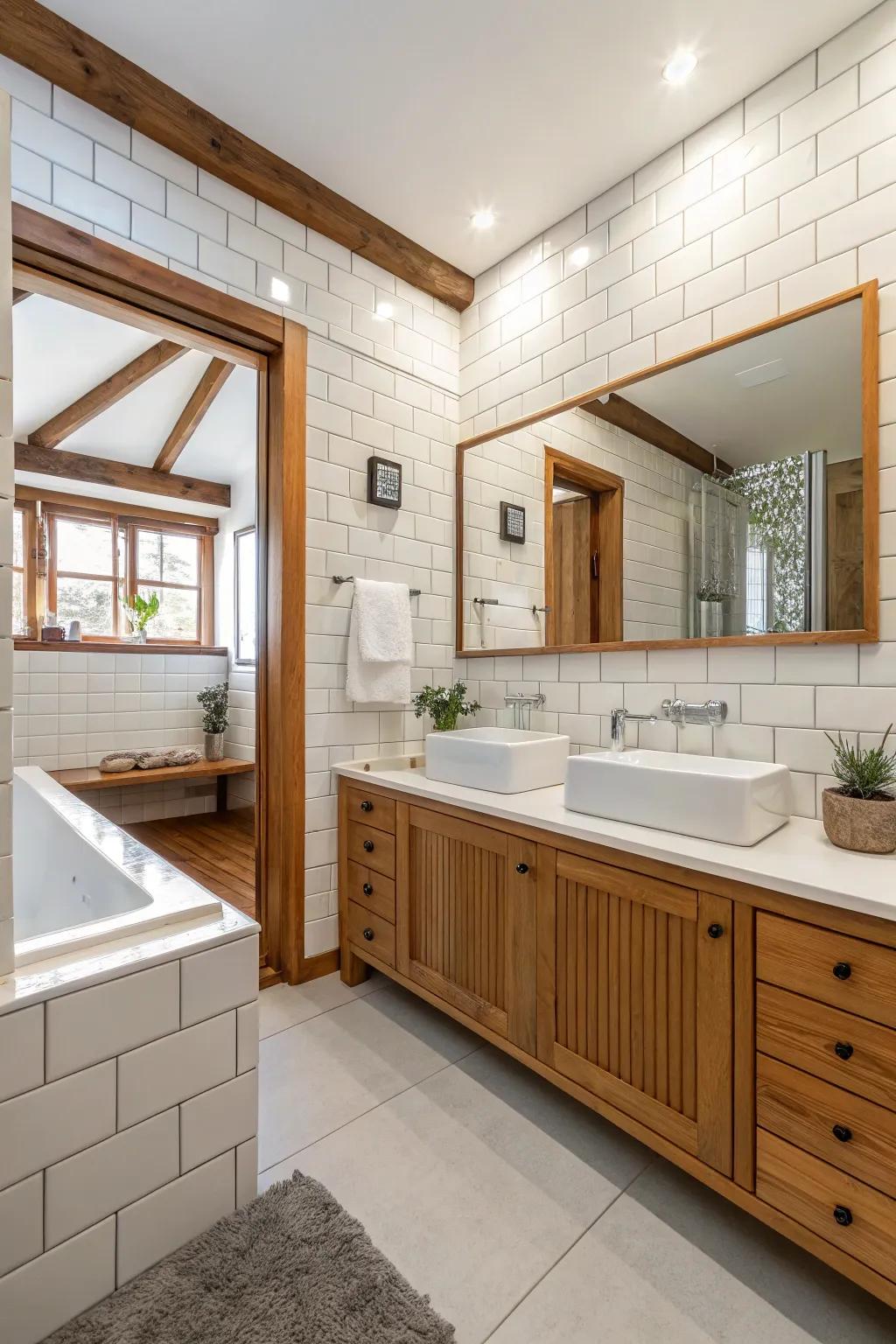 Diverse materials contribute texture and dimension to a bathroom featuring white tiles.
