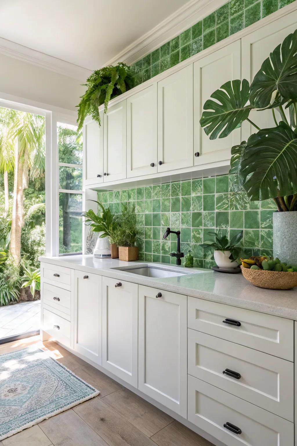 Verdant tiles infusing a natural freshness into a white cabinet kitchen.