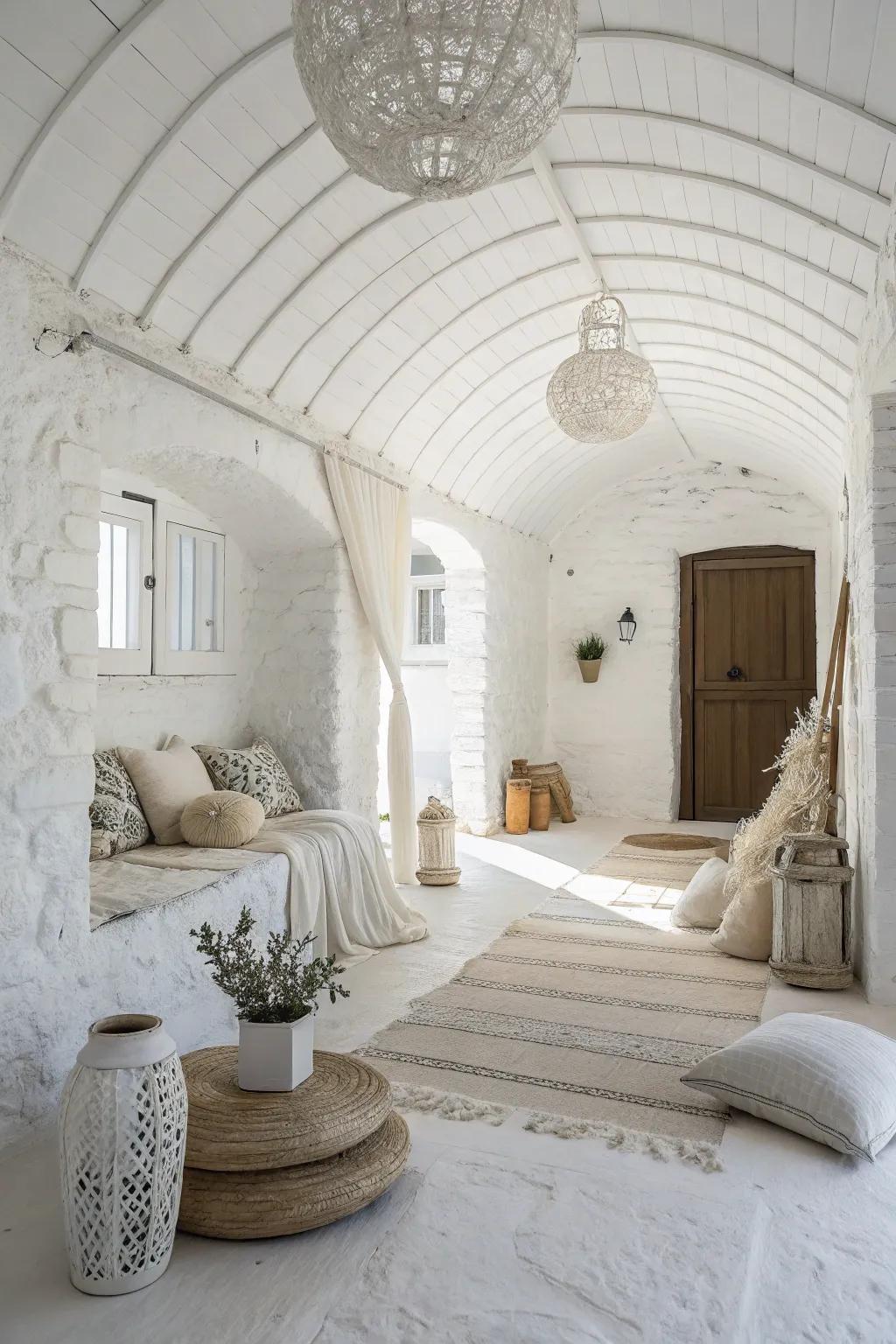 A monochromatic room featuring a white ceiling and walls, delivering a serene and unified space.