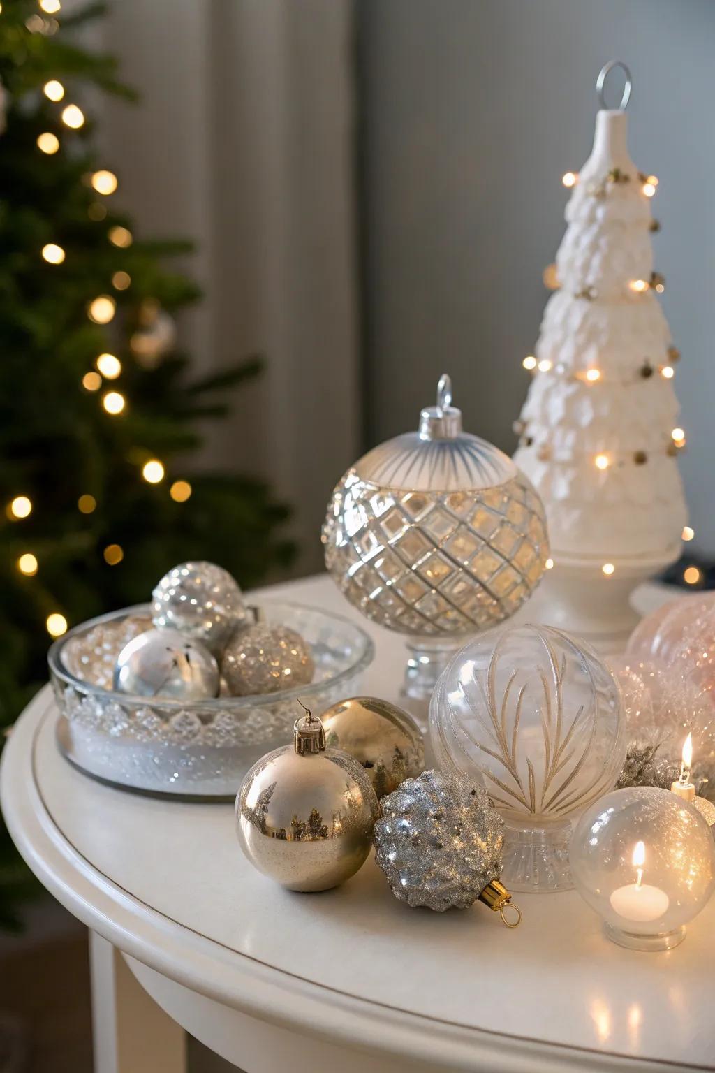 Glass and crystal elements introduce a dazzling shimmer to your Christmas decorations.
