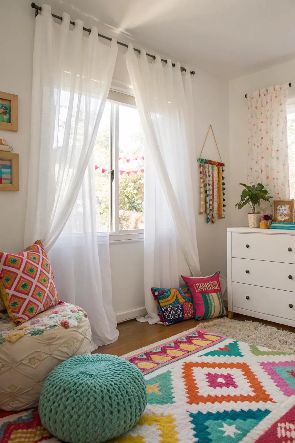 Ivory drapes evoke a soft focus, allowing other decoration elements to stand out.