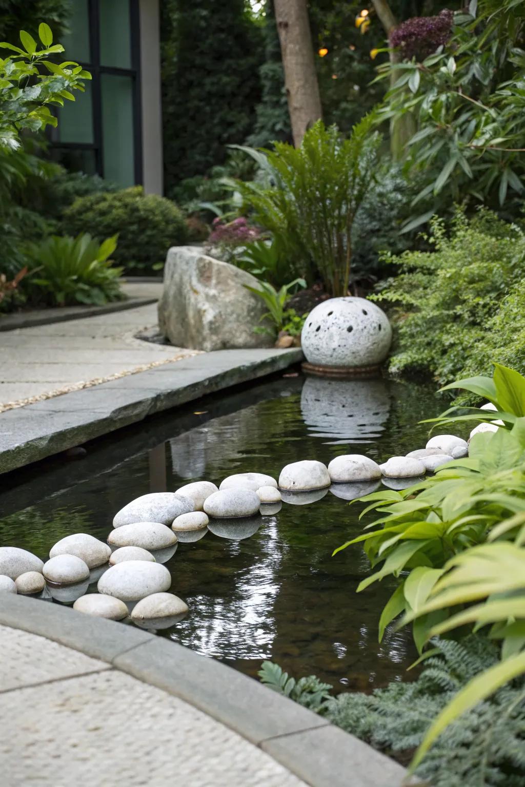 A water element alongside alabaster stones imparts tranquility to the garden.