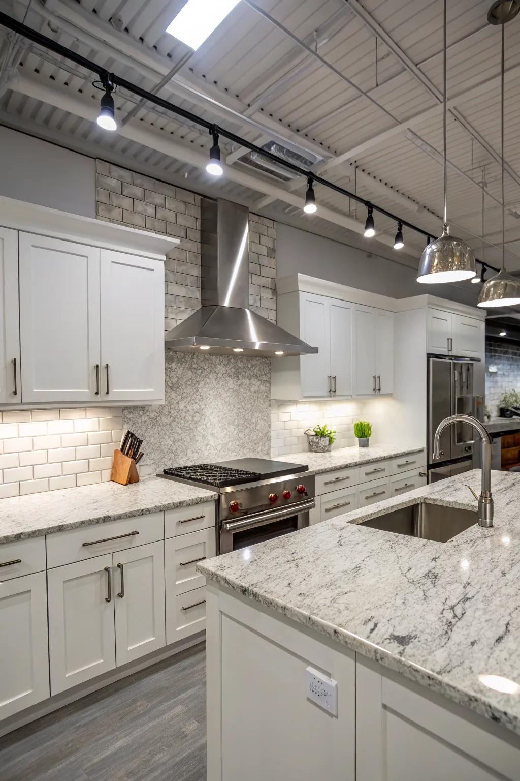 Metallic details include a commercial style to the elegance of white ice granite.