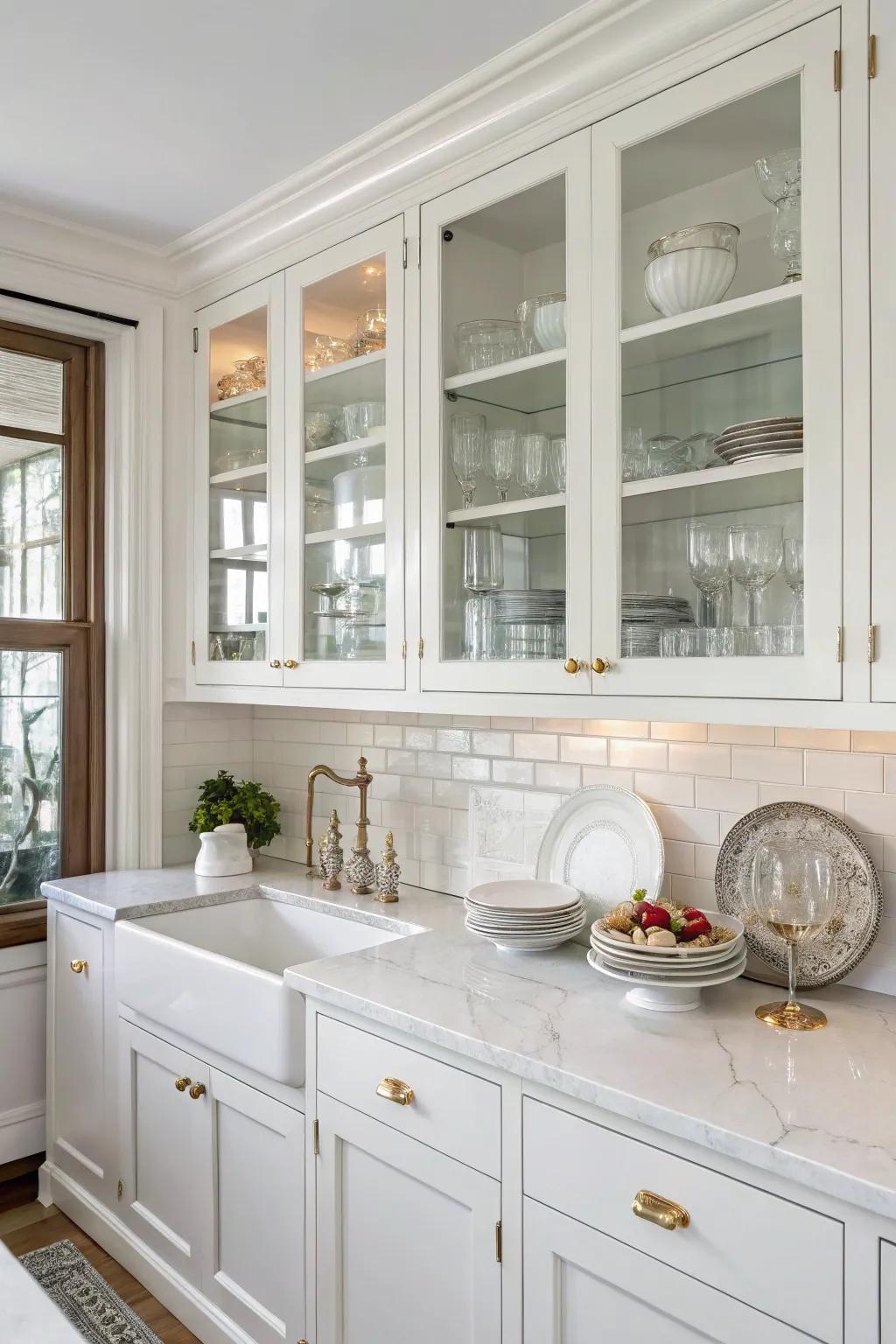 Glass-front cabinets elegantly display dishware, adding depth to the kitchen.