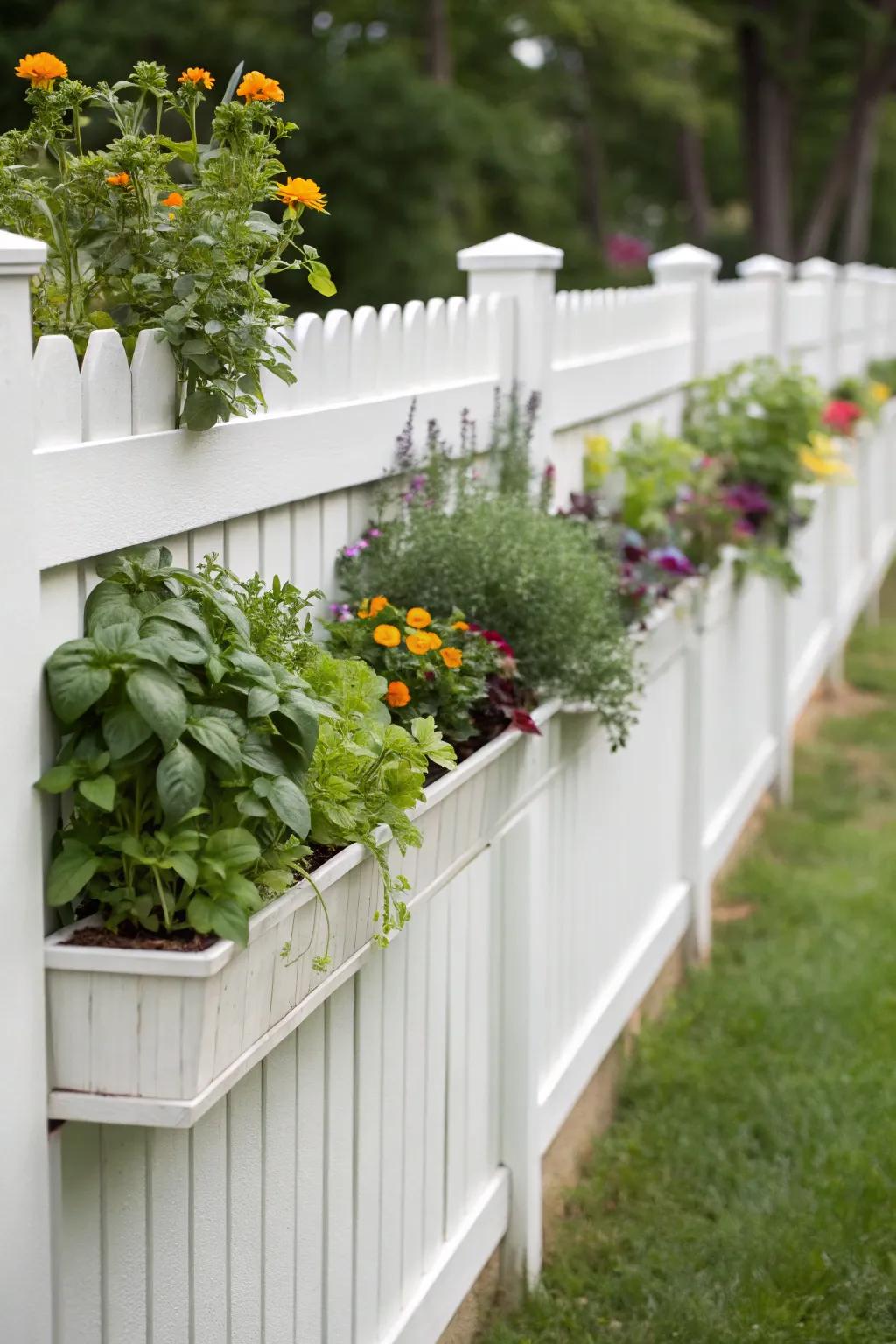 Planter boxes on a white fence add a practical and pretty touch to the garden.