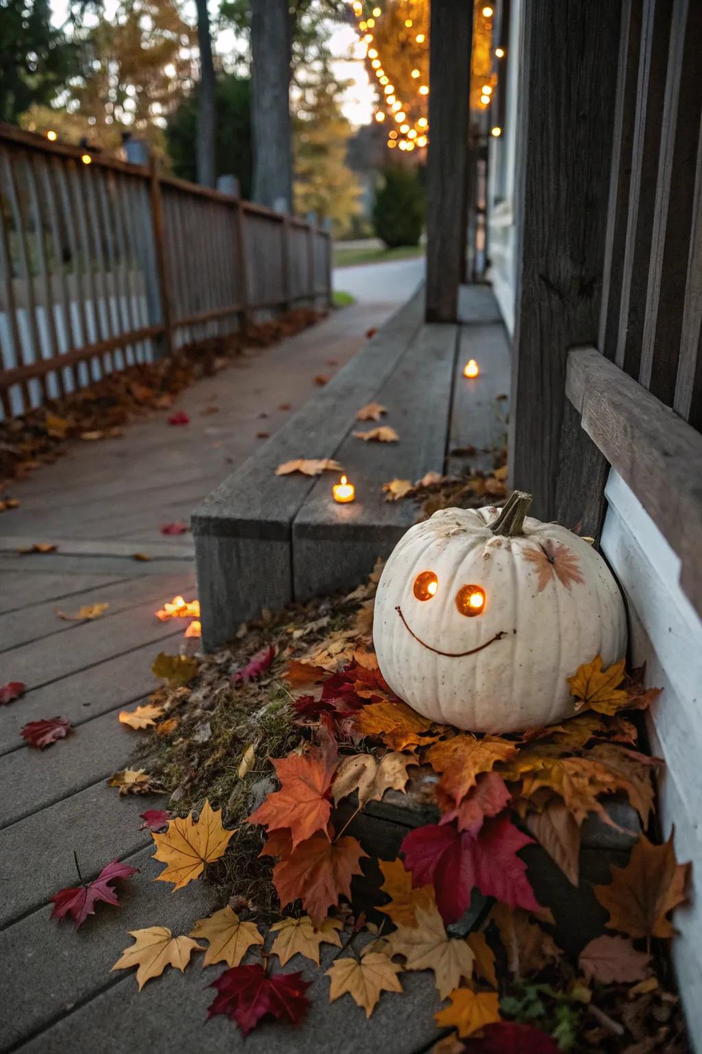 A sculpted pumpkin beautifully arranged in a festive outdoor setting.
