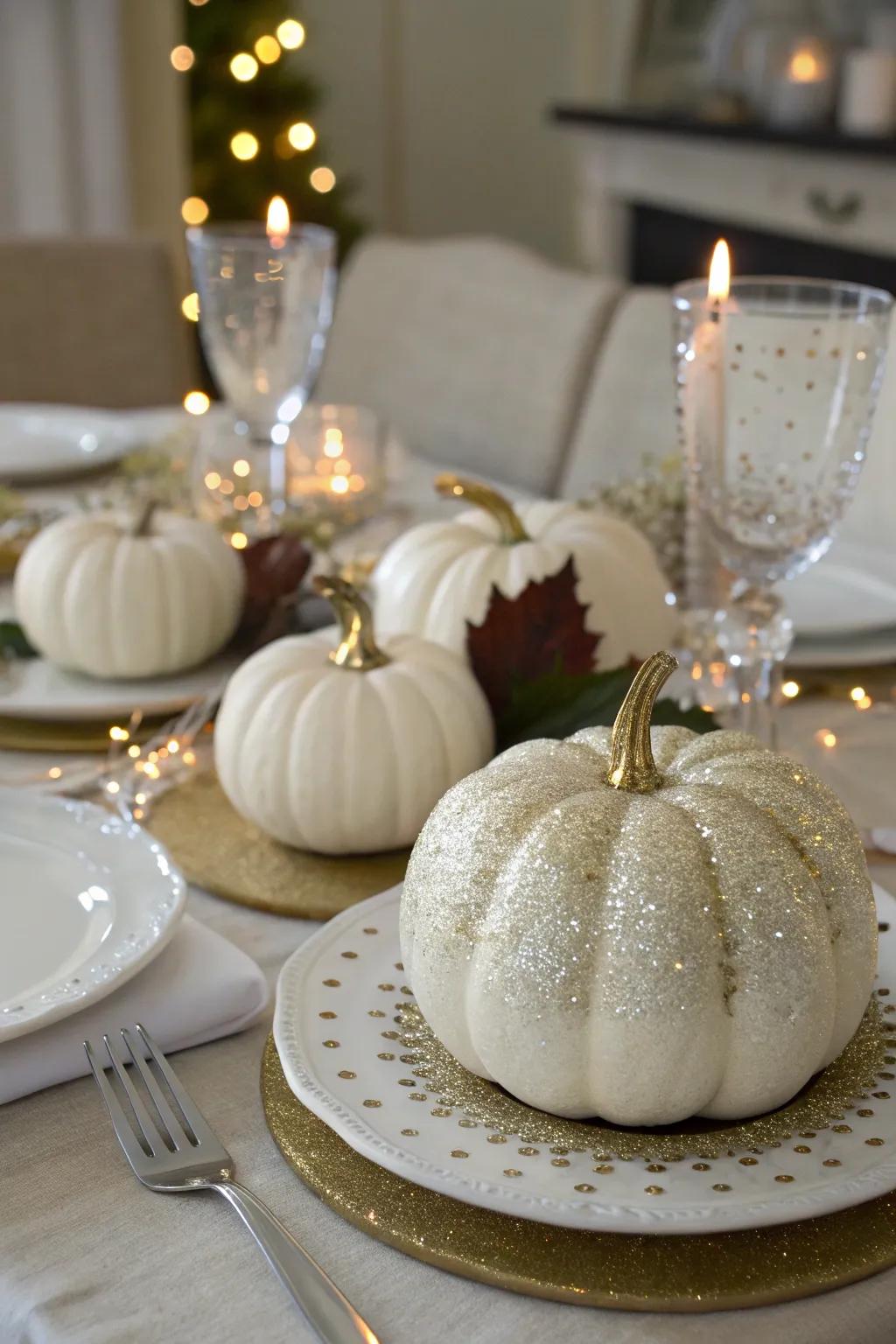 Pumpkins covered in sparkles for a radiant presentation.