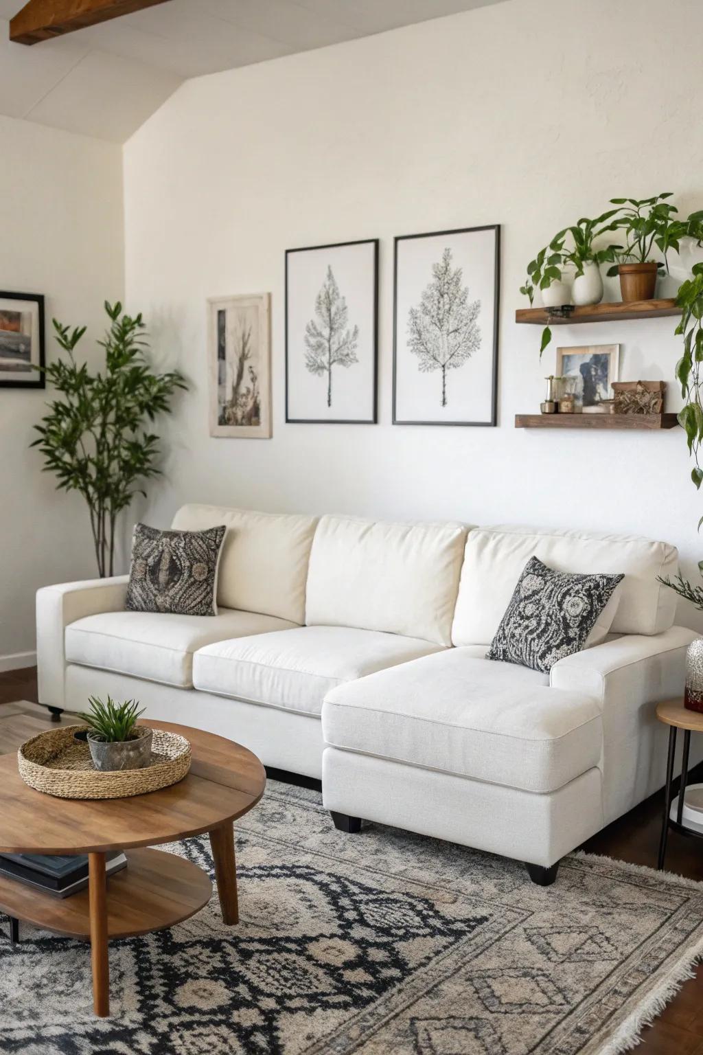 Understated wall art enhances the refined elegance of a white modular sofa.