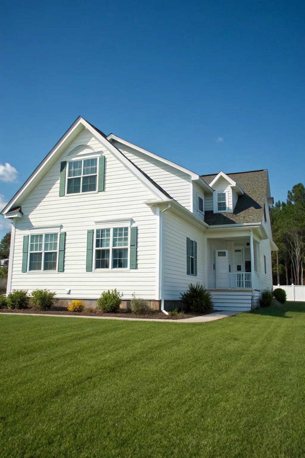 A symmetrical residence presenting elegant white vinyl siding.