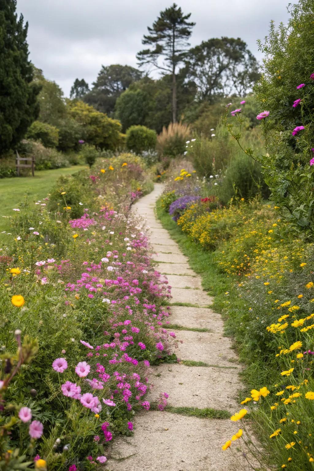 A whimsical garden track festooned with delicate wildflower enhancements.