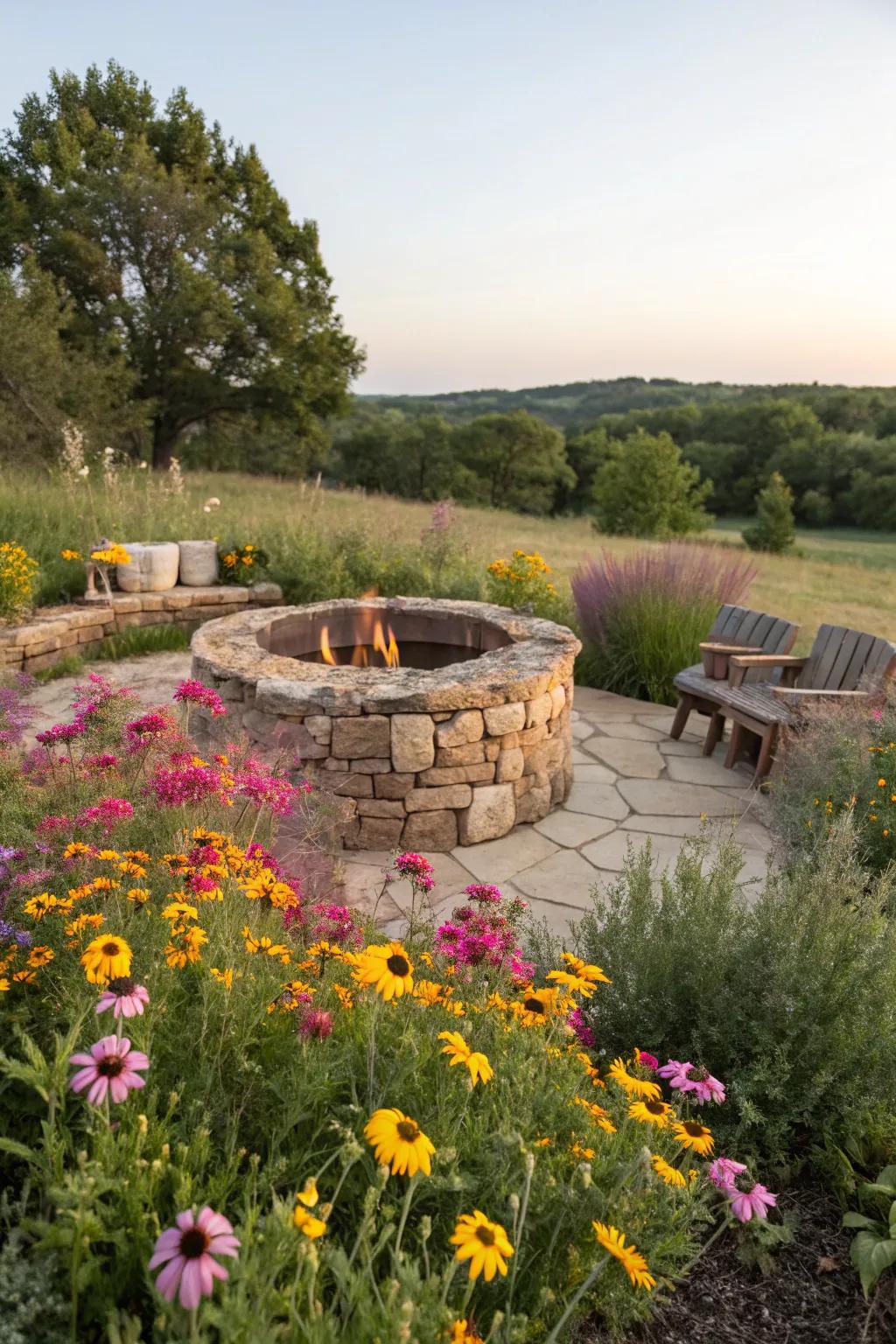 A cozy fire pit space wrapped by multi-colored wildflowers.