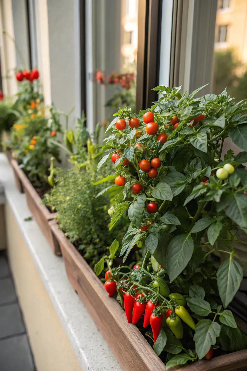 A fruit-filled window box with grape tomatoes and peppers