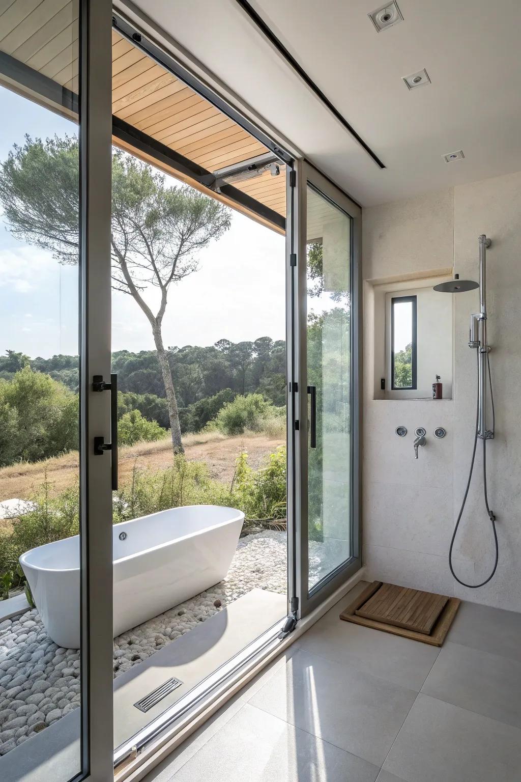Operable windows inside the shower assure fresh air flow and natural light.