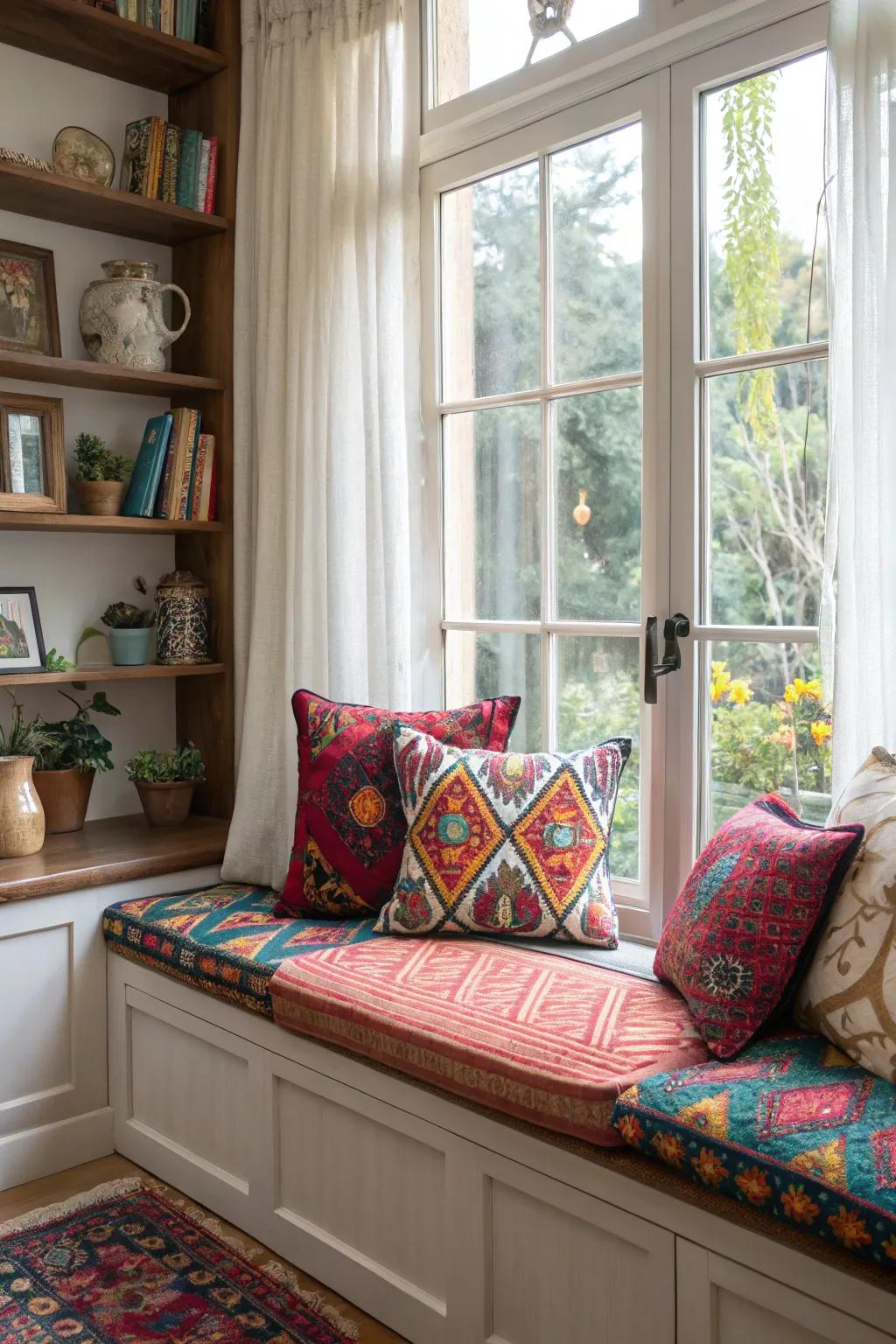 A window seat featuring striking designs that introduce a sense of surprise to the decor.