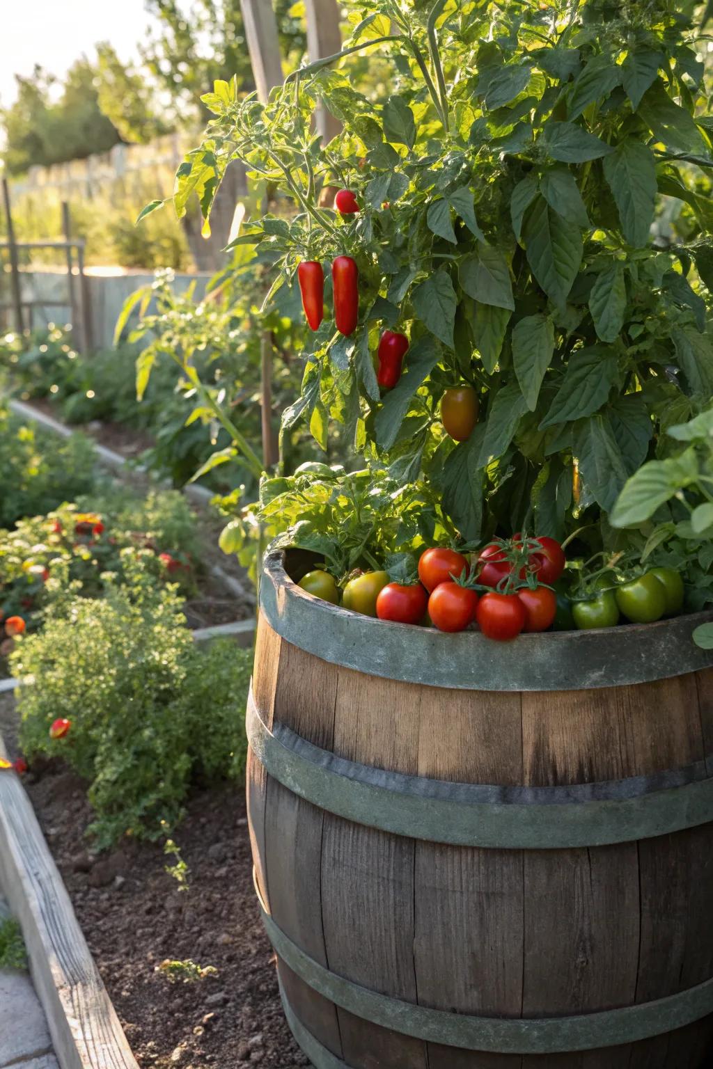 A productive vegetable garden grown in a wine barrel.