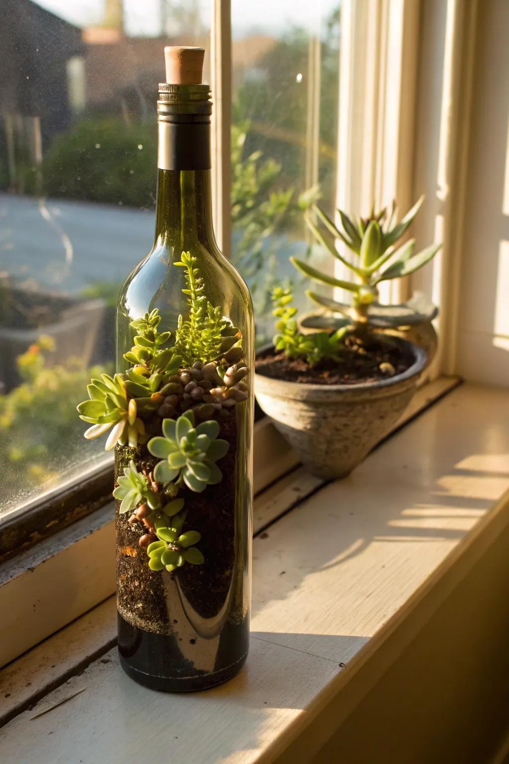 Grape juice bottles as fleshy plant pots make for eco-friendly decor.