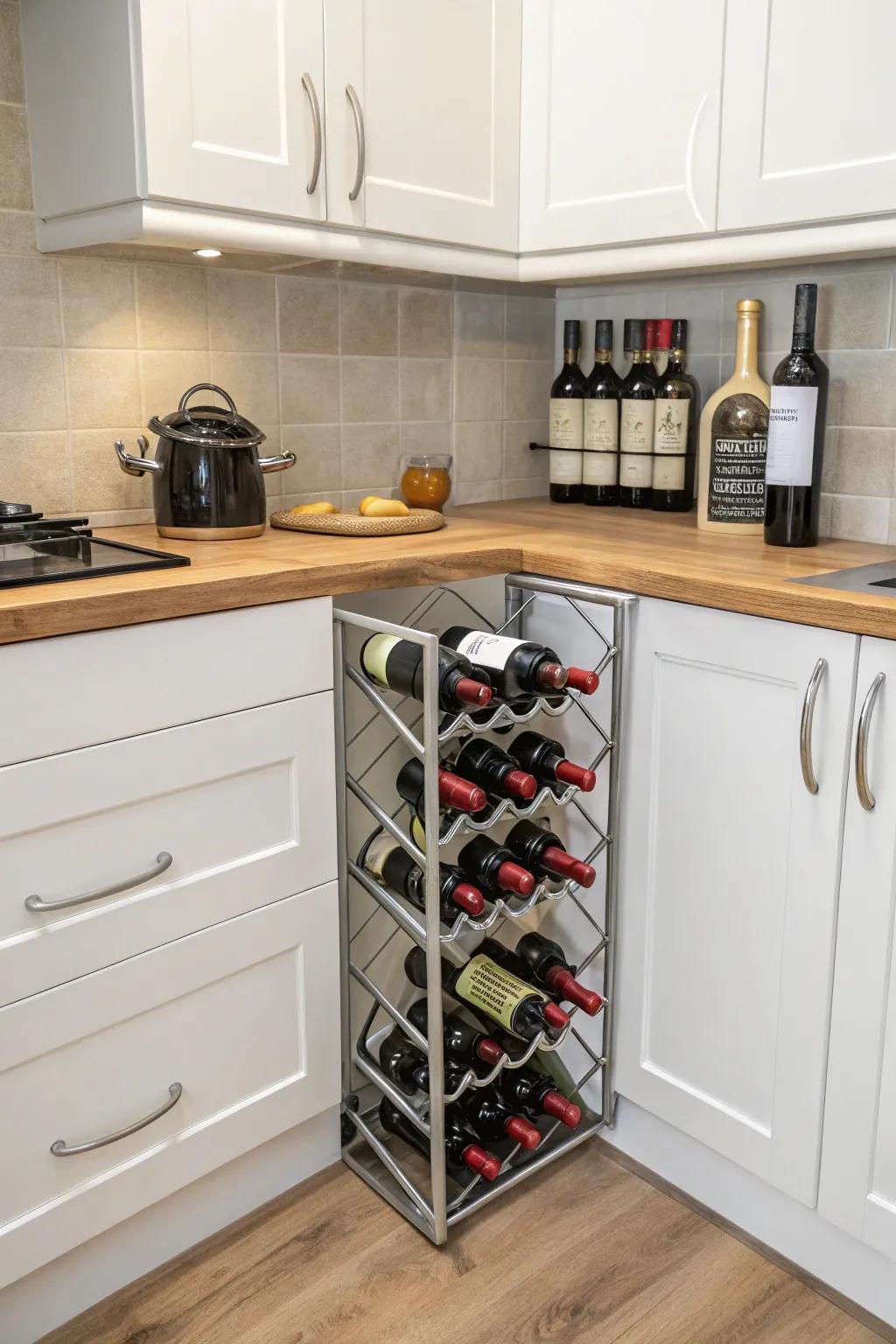 A space-saving corner rack amplifying storage in a small area.