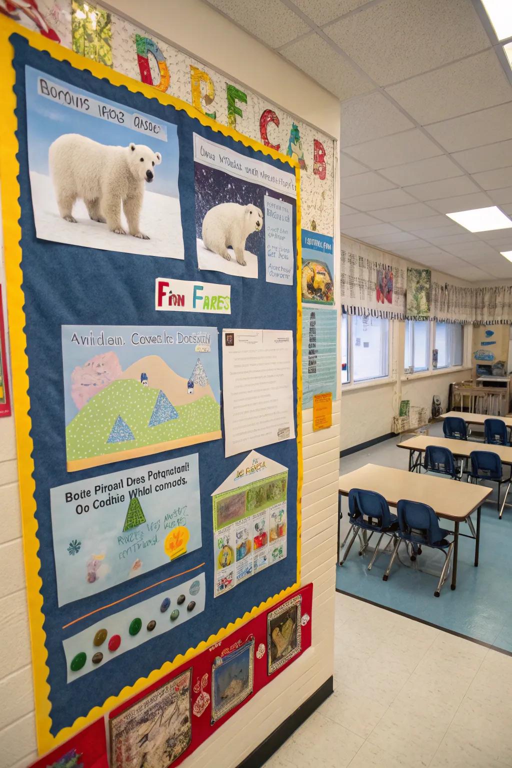 Artic bears transition into newfound buddies on the preschool bulletin board.