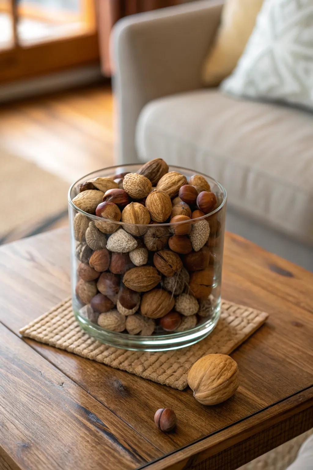 A vessel brimming with nuts contributes comfort and texture to your aesthetic.