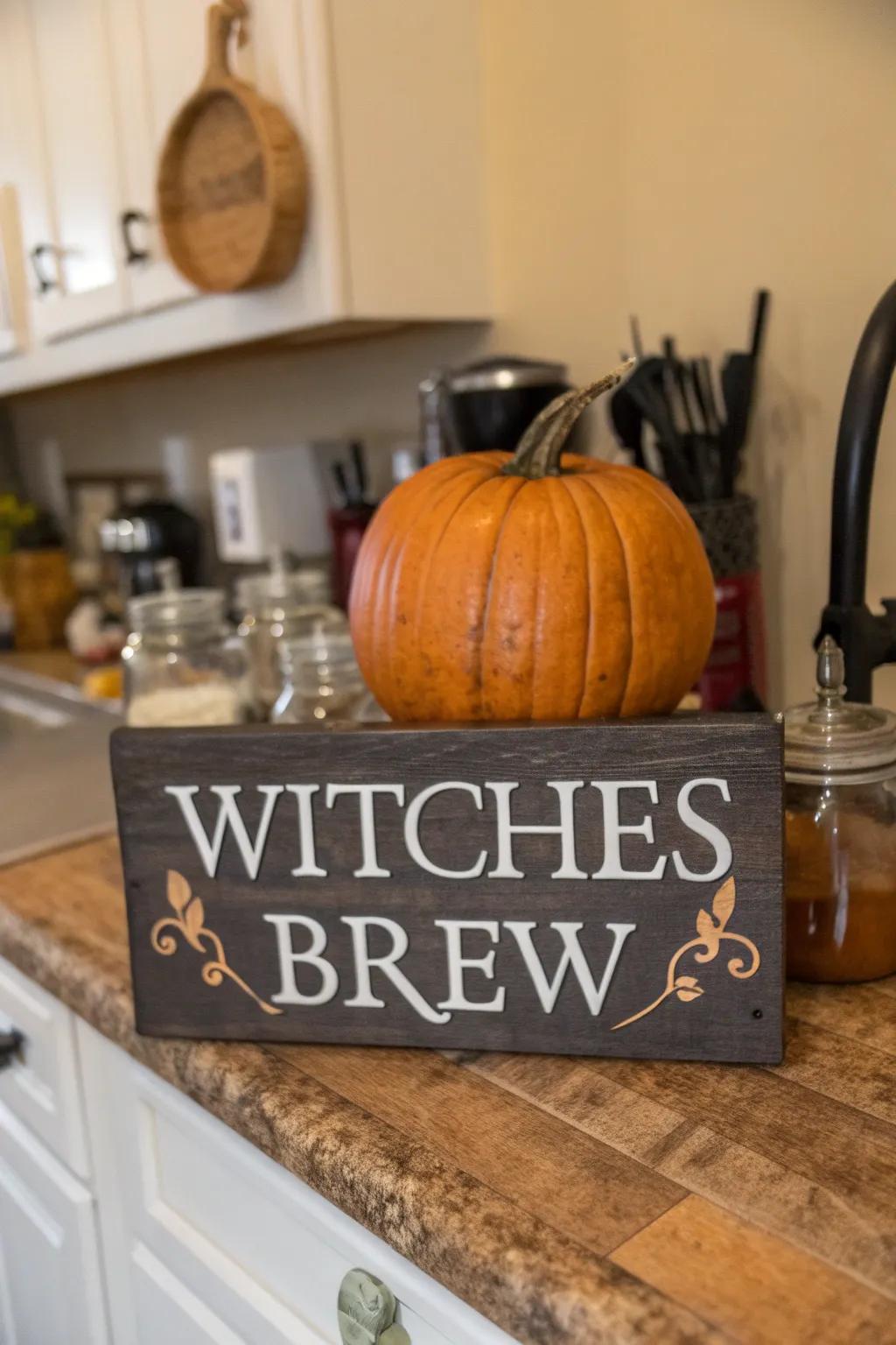 Pumpkin showcasing a charming Alchemic Brew sign.