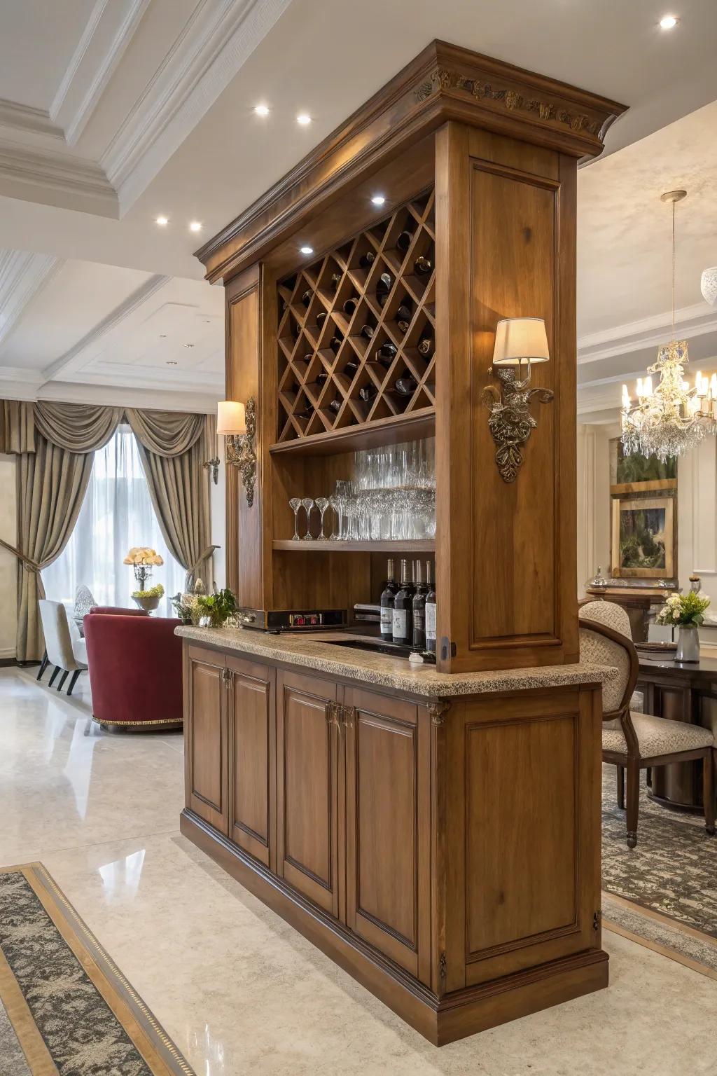 A wooden bar featuring a built-in wine rack for elegant entertaining.