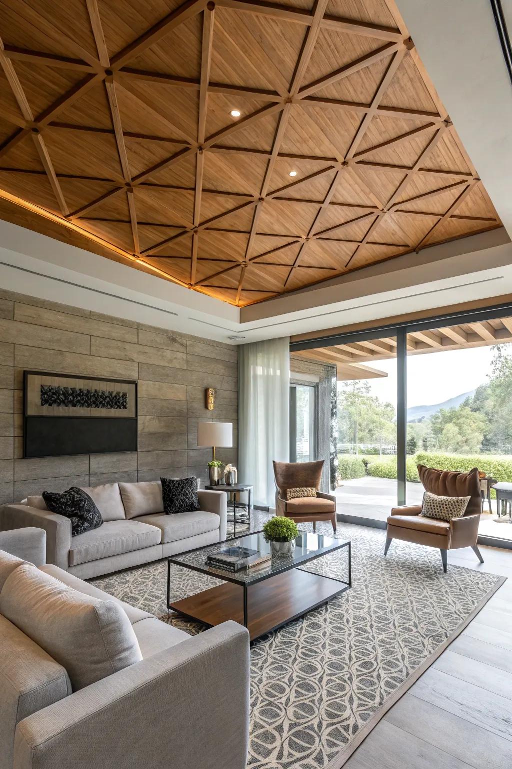 Geometric wood motifs incorporate a contemporary edge.