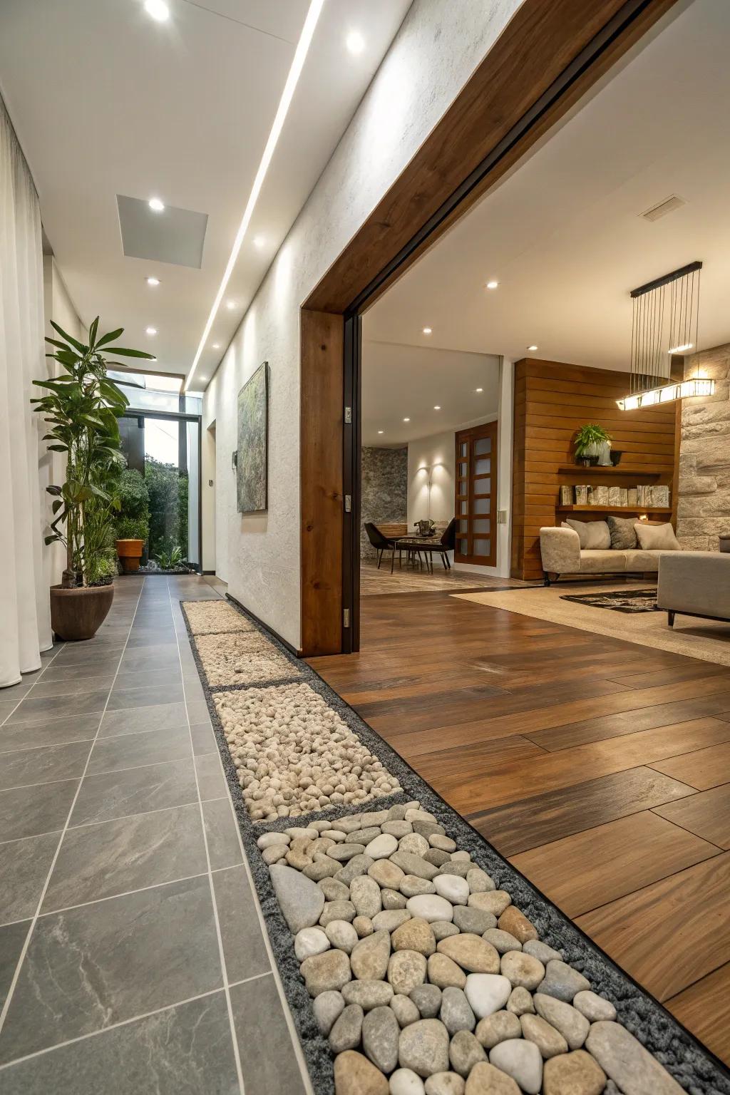 Mixing materials like wood, tile, and stone adds texture and intrigue to transitions.