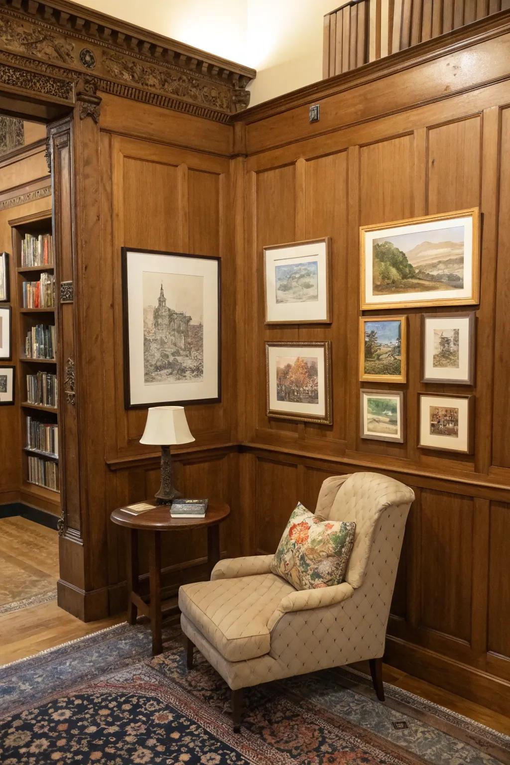 Wood paneling adds depth to gallery walls.