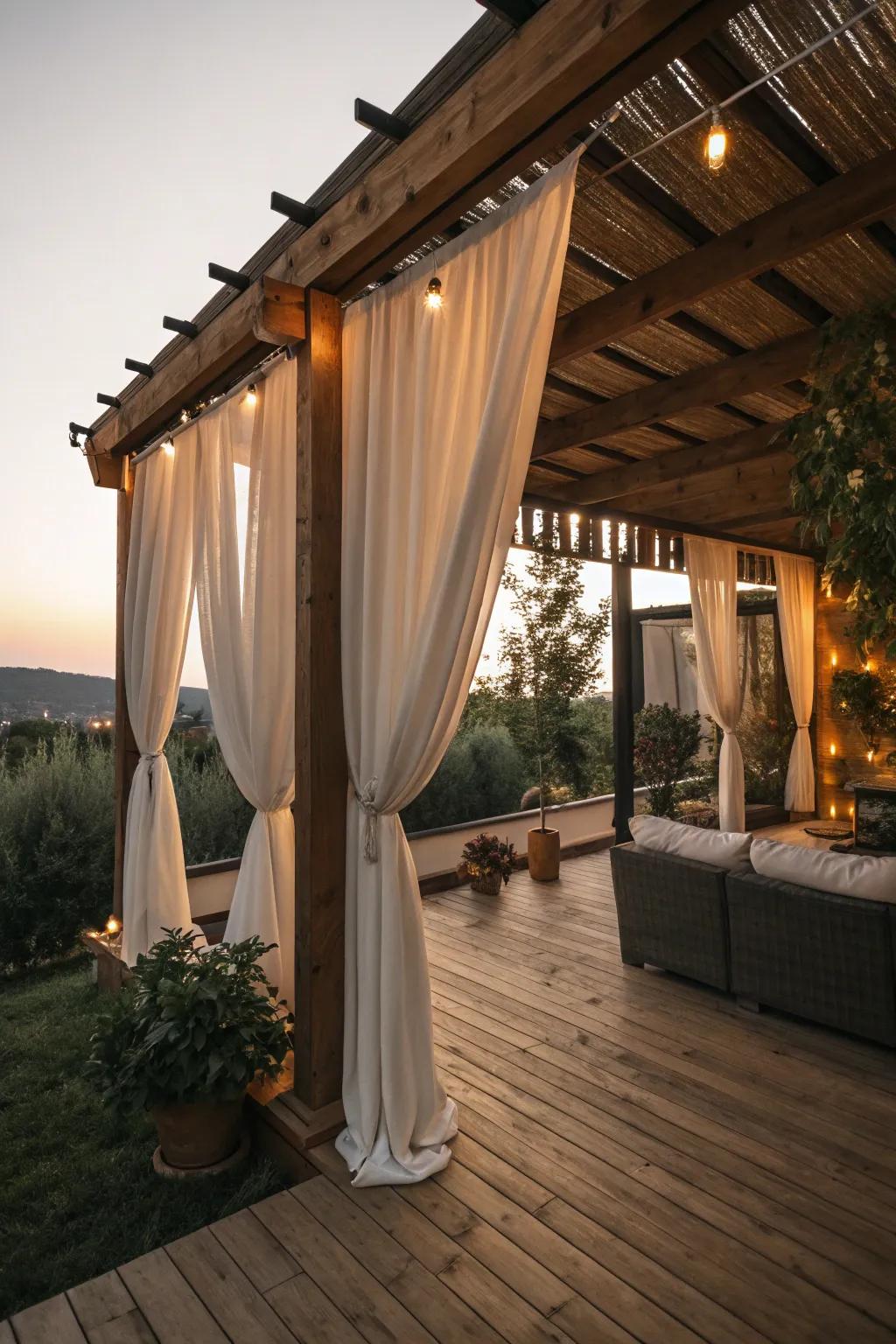 A private patio shelter enhanced with elegant drapes.