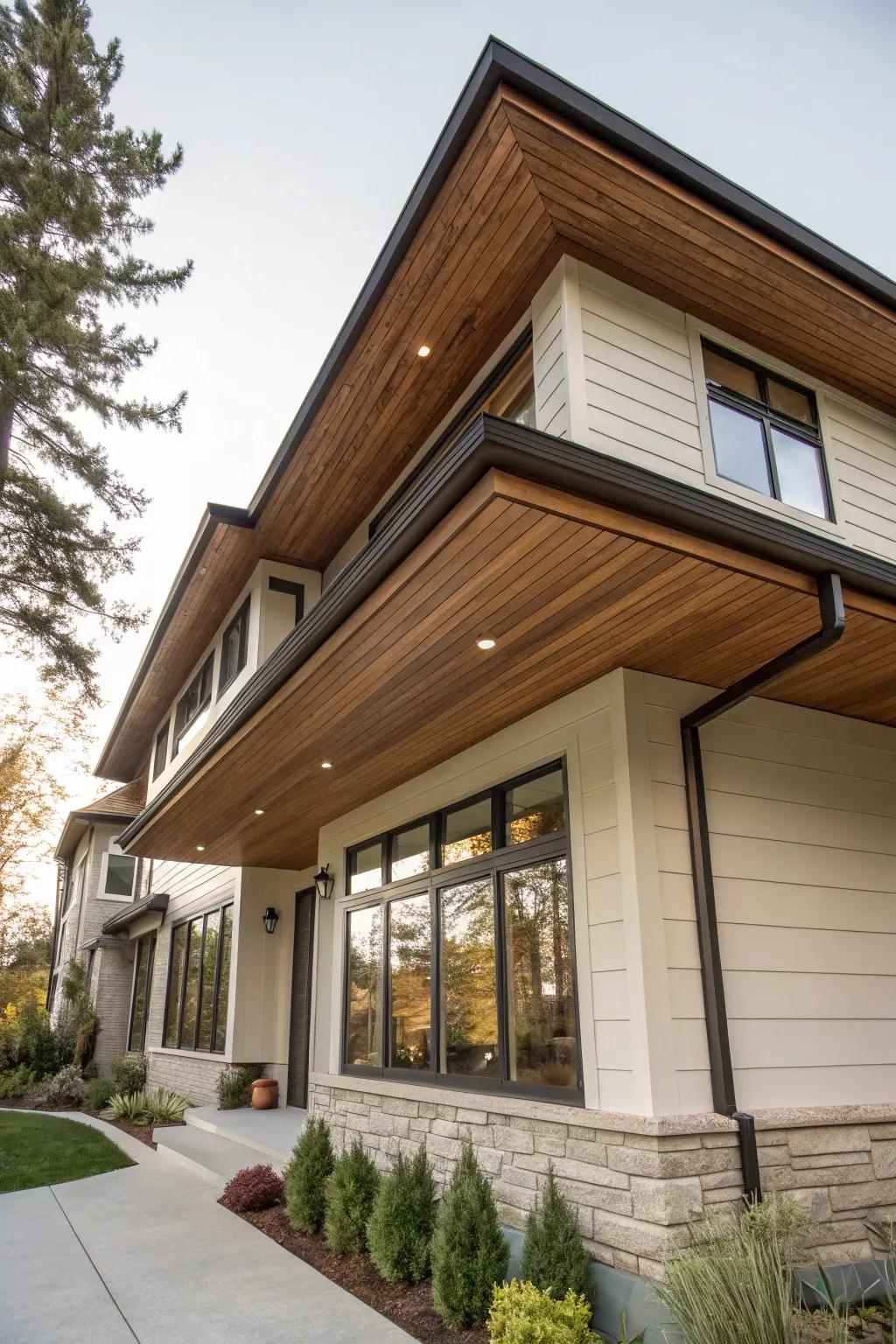 Walnut timber soffits grant a hint of luxury and warmth.