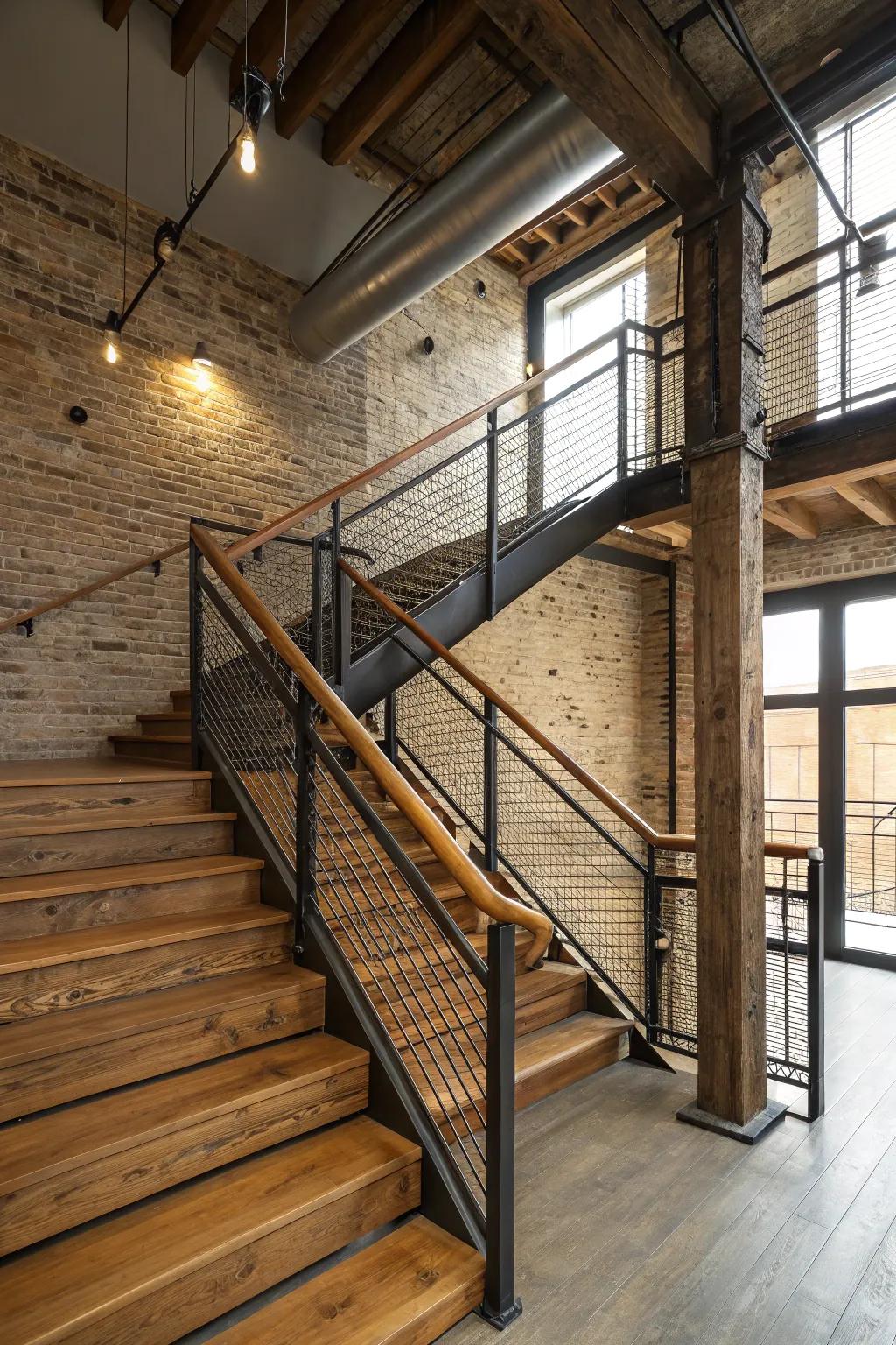 Industrial cool: wood and metal railing combination.